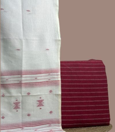 Red handloom striped top paired with white handloom jamdani dupatta with red motifs.