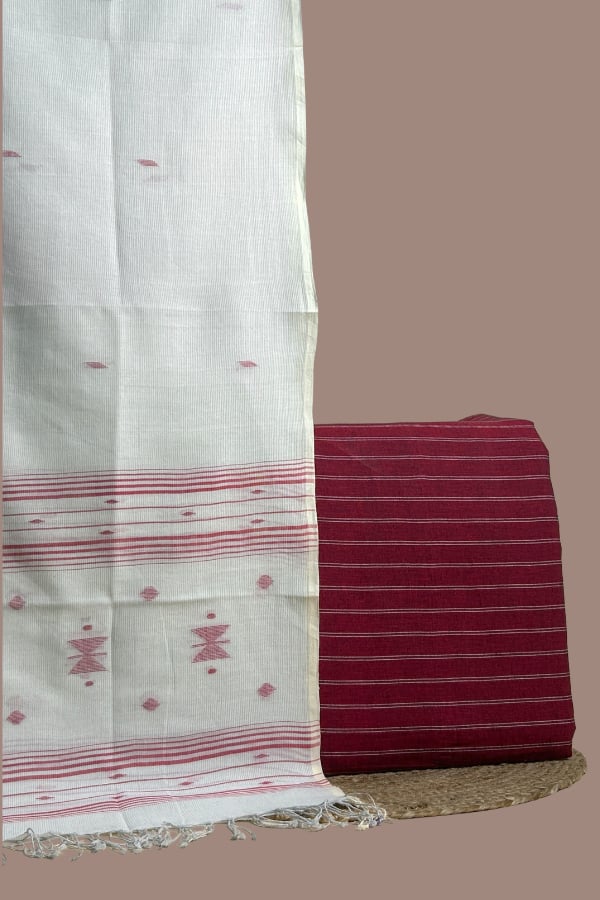 Red handloom striped top paired with white handloom jamdani dupatta with red motifs.