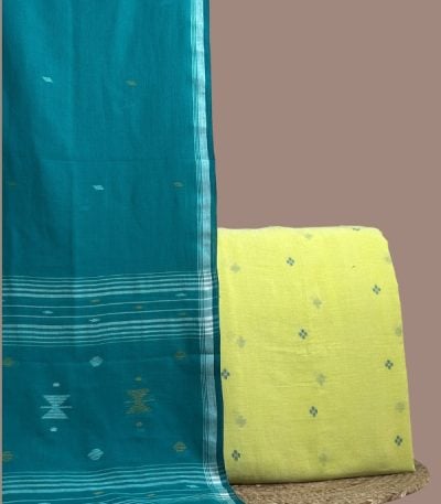 Yellow jamdani woven buti top paired with blue handloom jamdani dupatta.