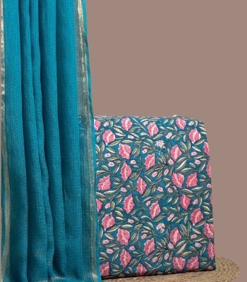 Blue blockprint top with pink florals