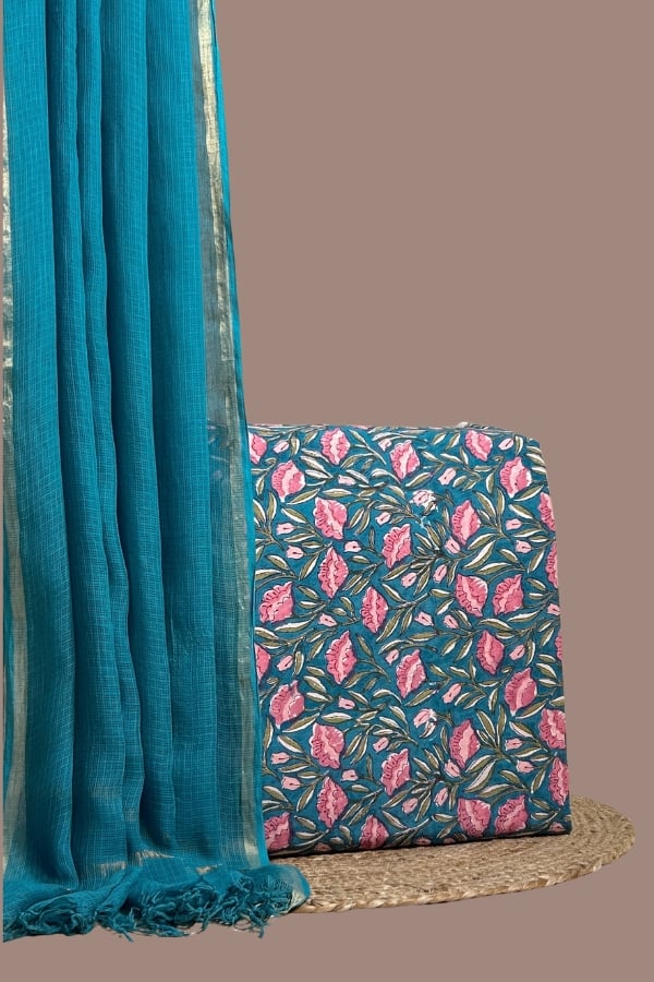 Blue - 2pc AirLoom™ Kota Dupatta and Blockprinted Soft Cotton Top Fabric Set Blue blockprint top with pink florals