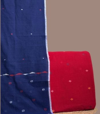 Red jamdani woven buti top paired with blue handloom jamdani dupatta.