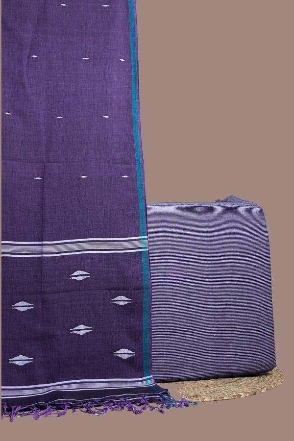 Purple - 2pc Handloom Dupatta and Handloom Stripes Top Fabric Set Purple handloom striped top paired with purple handloom jamdani dupatta.