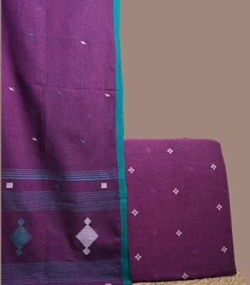 Purple jamdani woven buti top paired with purple handloom dupatta with teal border.