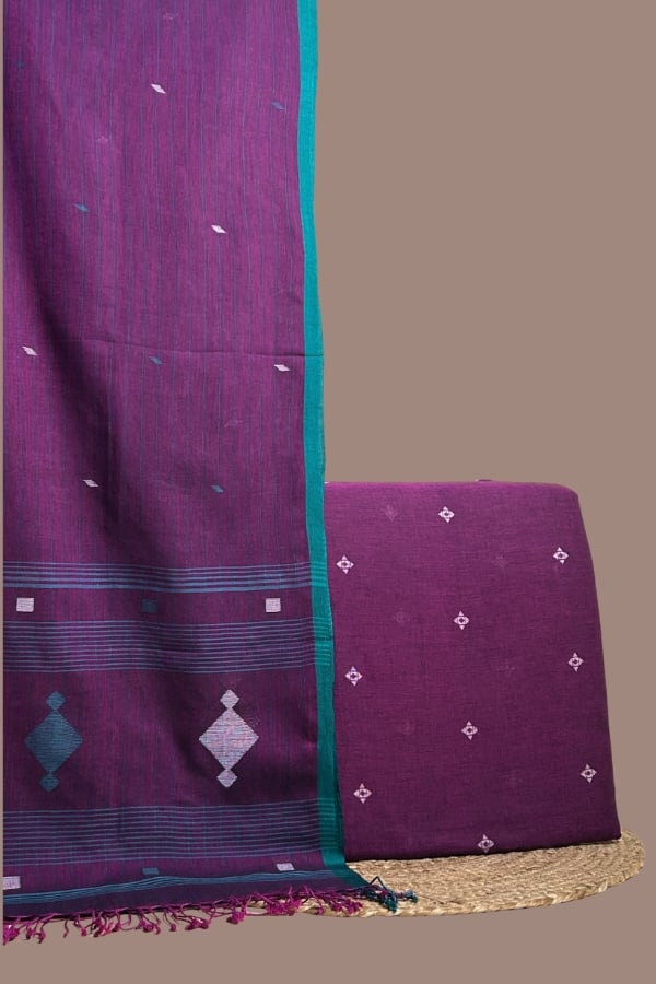 Purple - 2pc Handloom Dupatta and Jamdani Woven Top Fabric Set Purple jamdani woven buti top paired with purple handloom dupatta with teal border.