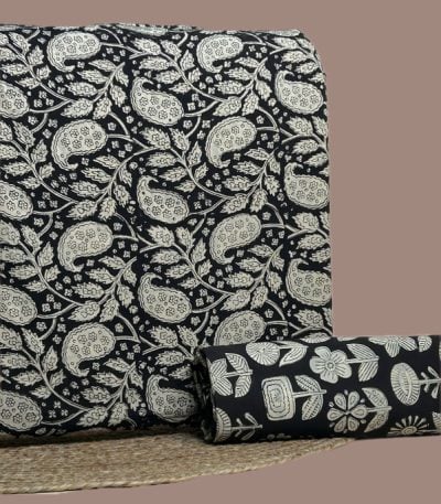 Black Bagru blockprint cotton set with paisley vine top and bold floral bottom.