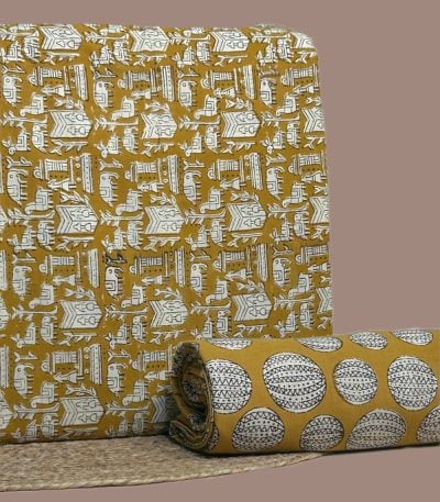 Yellow Bagru blockprint cotton set with folk animal motif top and geometric circle bottom.