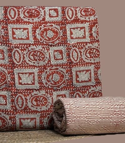 Red Bagru blockprint cotton set with framed floral motif top and striped bottom.