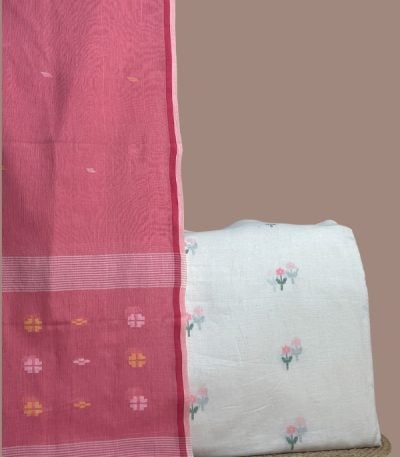 Pink handloom dupatta paired with white multi-floral jamdani woven buti top fabric.