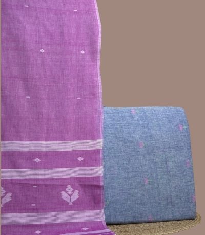 Lilac handloom jamdani dupatta paired with blue jamdani woven floral buti top fabric.