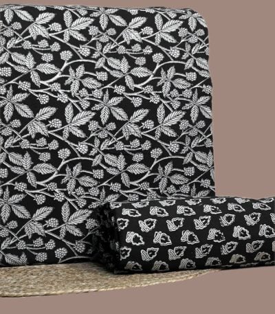 Black Bagru blockprint cotton set with berry leaf vine top and buti bottom.