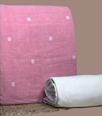 Pink jamdani woven buti top paired with plain white handloom cotton bottom fabric.