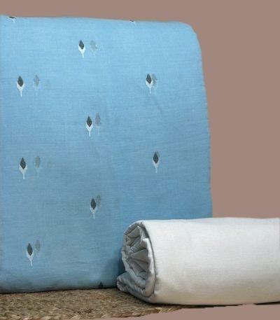 Blue jamdani woven leaf buti top paired with plain white handloom cotton bottom fabric.