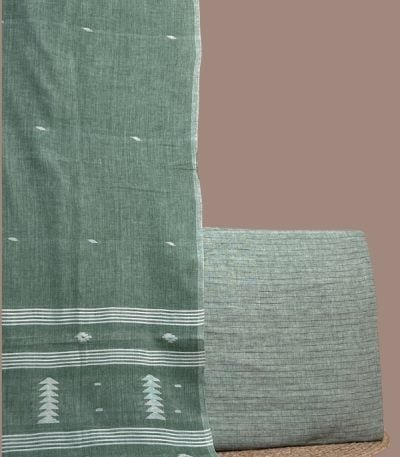 Green handloom jamdani dupatta paired with green handloom stripes top fabric.