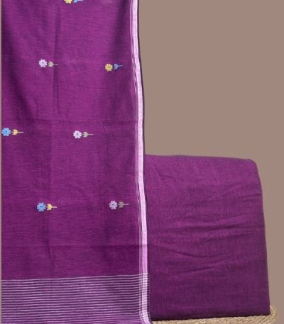 Purple handloom dupatta with woven floral butis paired with plain purple handloom top.
