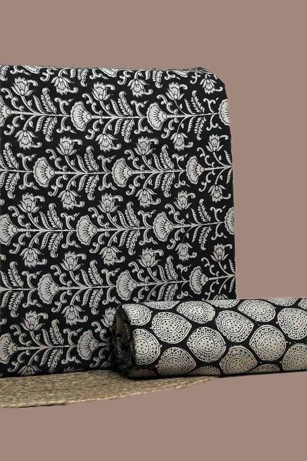 Black - 2pc Bagru Blockprint Top and Bottom Fabric Set Black Bagru blockprint cotton set with floral sprig top and leaf-drop bottom.