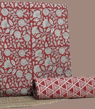 Red Bagru blockprint cotton set with floral jaal top and triangle geometric bottom.