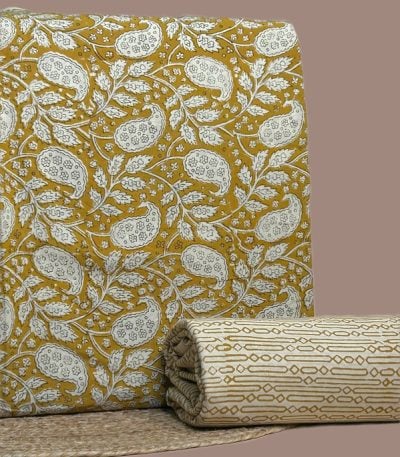 Yellow Bagru blockprint cotton set with paisley vine top and geometric stripe bottom.