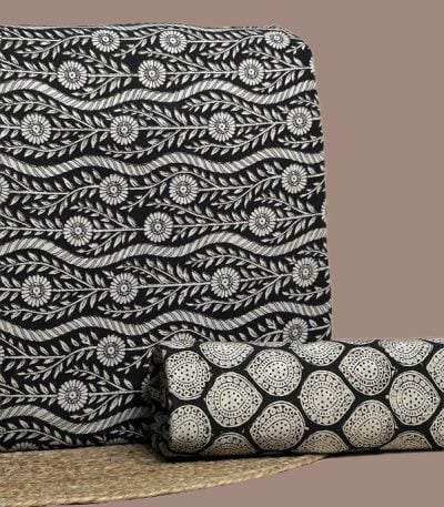 Black Bagru blockprint cotton set with wavy floral vine top and leaf-drop bottom.