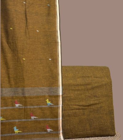 Brown handloom dupatta with woven bird motifs paired with plain brown handloom top.