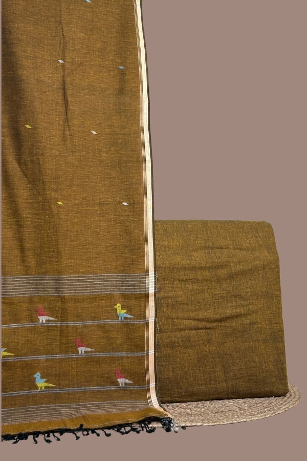 Brown handloom dupatta with woven bird motifs paired with plain brown handloom top.
