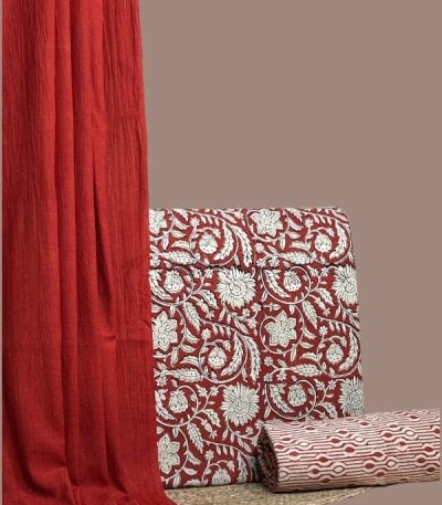 Red cotton handloom dupatta with red floral Bagru blockprint top and striped bottom.