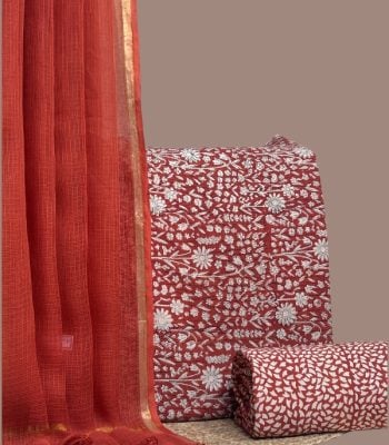 Red AirLoom™ Kota dupatta with red floral blockprint top and petal-print bottom.