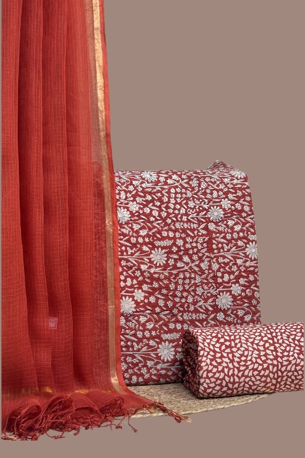 Red AirLoom™ Kota dupatta with red floral blockprint top and petal-print bottom.