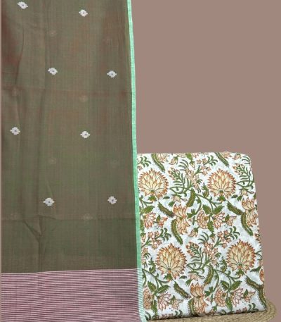 Green handloom jamdani dupatta paired with white floral blockprint soft cotton top.