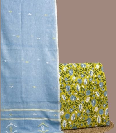 Blue handloom jamdani dupatta paired with green floral blockprint soft cotton top.
