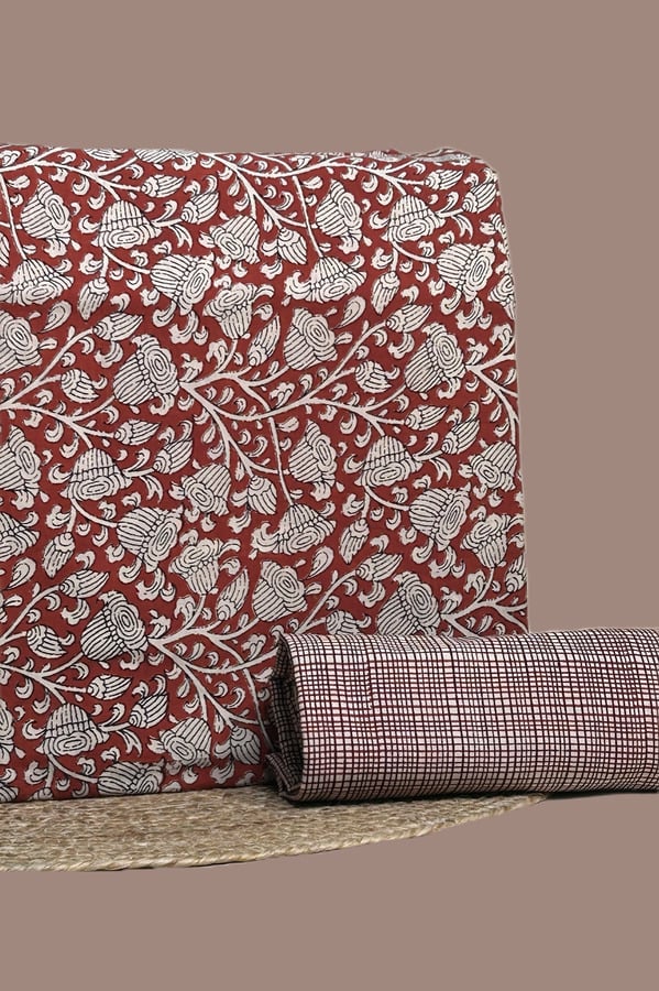 Red - 2pc Bagru Blockprint Top and Bottom Fabric Set Red Bagru blockprint cotton set with floral vine top and check-print bottom.