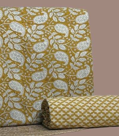 Yellow Bagru blockprint cotton set with paisley vine top and buti bottom.