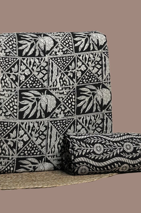 Black - 2pc Bagru Blockprint Top and Bottom Fabric Set Black Bagru blockprint cotton set with folk floral patchwork top and wavy floral bottom.