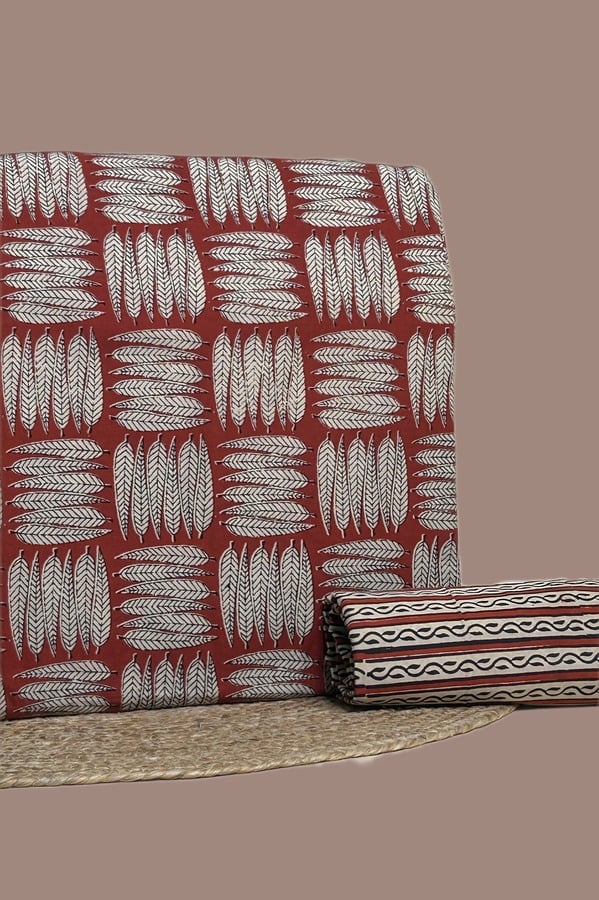 Red - 2pc Bagru Blockprint Top and Bottom Fabric Set Red Bagru blockprint cotton set with feather motif top and striped border bottom.