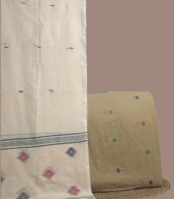 Cream handloom jamdani dupatta paired with brown multi-floral jamdani woven top fabric.