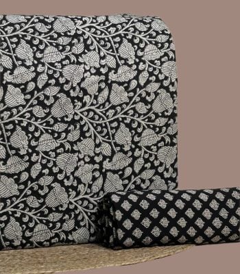 Black Bagru blockprint cotton set with floral vine top and buti bottom.