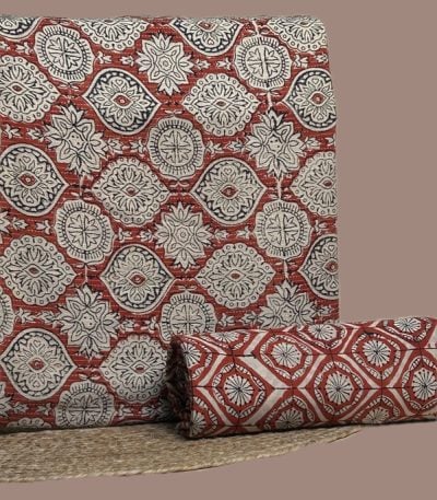 Red Bagru blockprint cotton set with medallion motif top and geometric bottom.