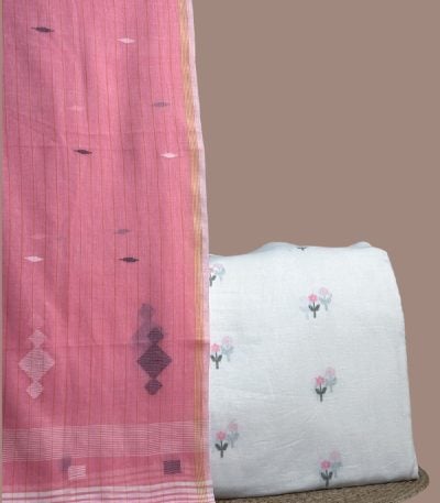 Pink striped handloom dupatta paired with white multi-floral jamdani woven buti top.