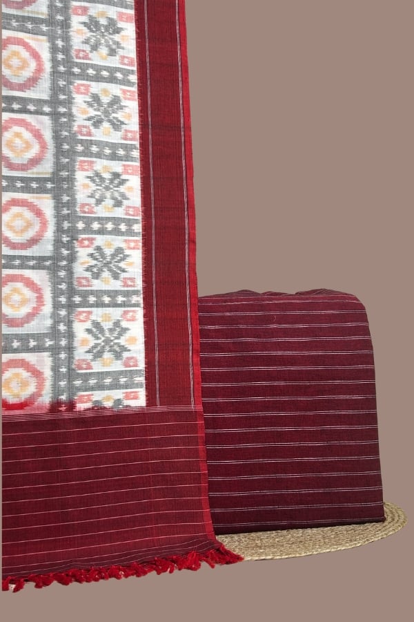Red - 2pc Ikkat Dupatta and Handloom Stripes Top Fabric Set Ikkat dupatta with star lattice and red border