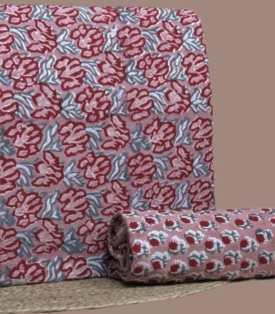 Pink Floral blockprint cotton with bold red florals on top