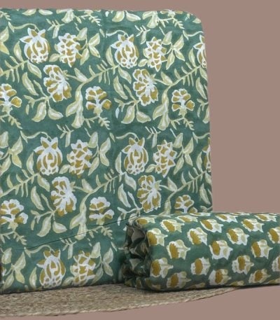 Green Floral blockprint cotton with mustard and white florals
