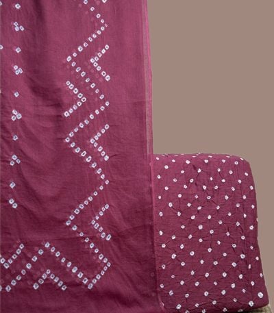 Wine red bandhani cotton dupatta with chevron dots and dotted bandhani top.