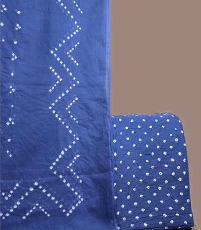 Blue bandhani cotton dupatta with chevron dot pattern and dotted bandhani top.