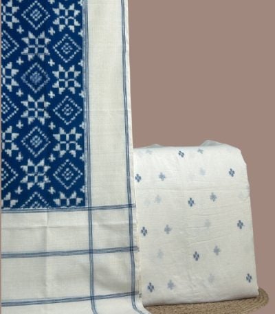 Blue teliya patola ikkat dupatta with white handloom jamdani buti woven top.