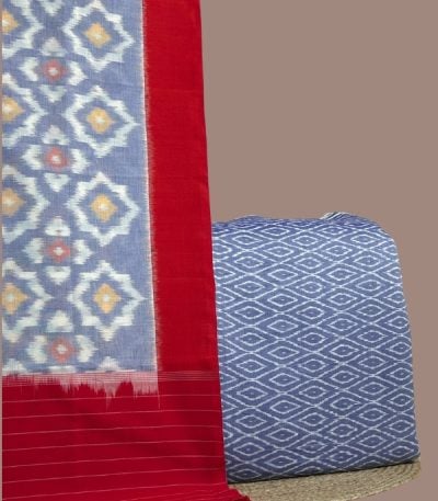 Blue ikkat dupatta with red border and diamond motifs