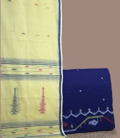 Yellow handloom jamdani dupatta with navy jamdani top featuring intricate woven border.