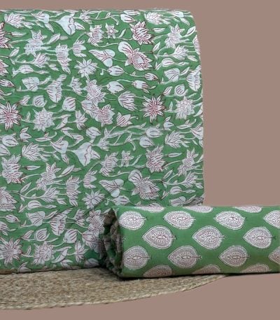 Green Floral blockprint cotton with white lotus florals