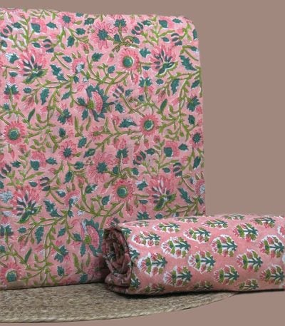 Pink Floral blockprint cotton with teal and green florals