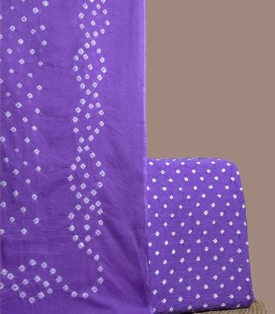 Purple bandhani cotton dupatta with wave dot pattern and dotted bandhani top.