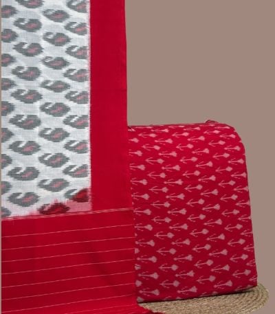 White and gray ikkat dupatta with red border